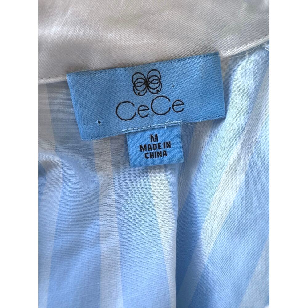 CeCe Blue White Stripe Ruffle Sleeve Blouse Peter Pan Collar M coastal preppy - Picture 5 of 8